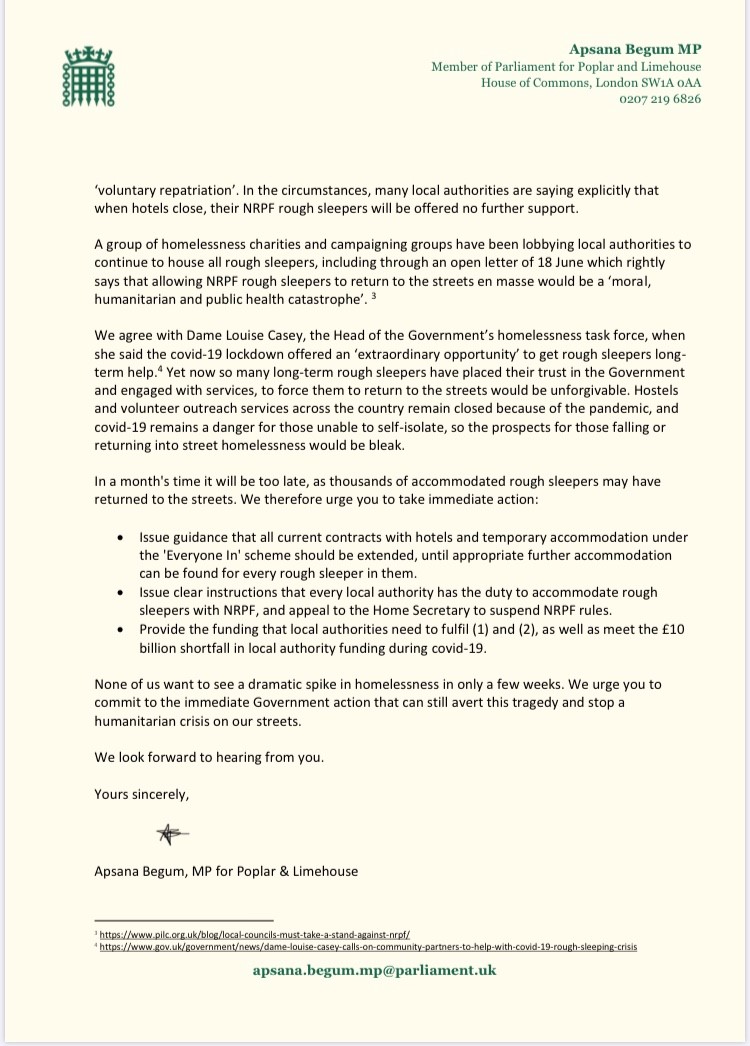 Letter On Homelessness Crisis – Apsana Begum MP